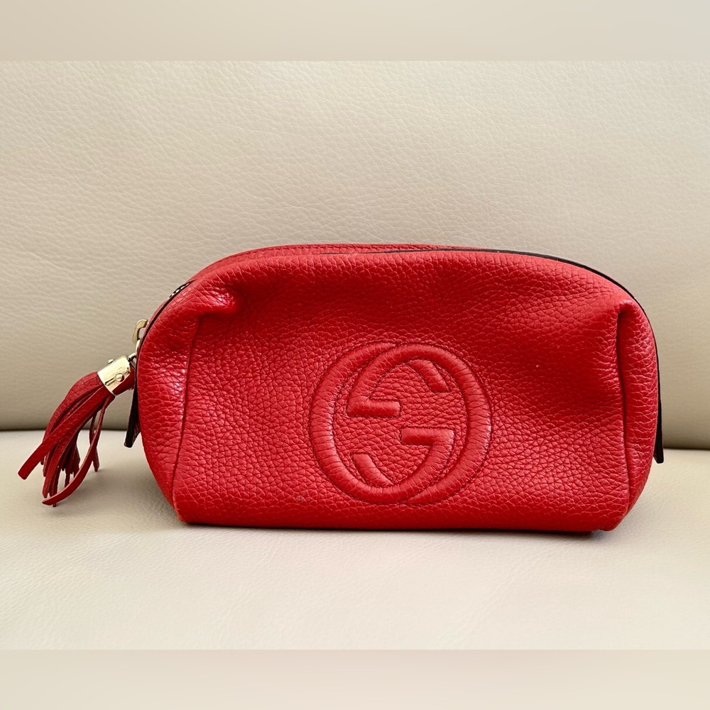 Gucci Red Leather Logo Tassel Cosmetic Pouch